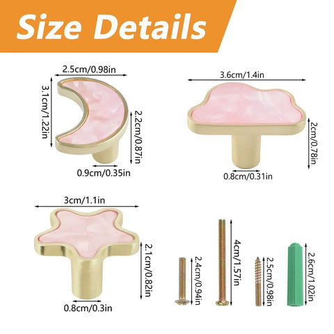 Decorative Pink Cloud Moon Star Cabinet Knobs Set, 6 Pack Zinc Alloy Dresser Knobs size details with screws and tubes