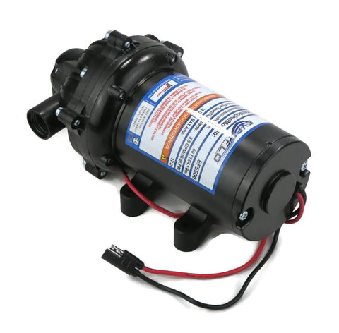Heavy Duty 12 Volt Diaphragm Water Pump Brings Sweet 5.5 GPM Flow At 60 PSI Pressure, compact black design with attached wiring.