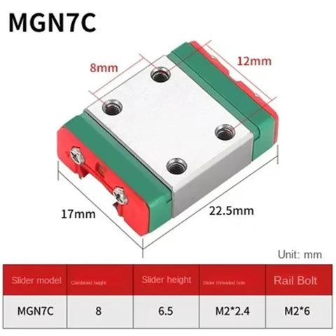 Heavy Duty MGN7C Miniature Linear Rail Guide Block For CNC Router 3D Printer, dimensions and specifications displayed.