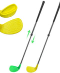 Two Pack Adjustable Golf Club Set 23 To 39.5 Inch Length For Backyard Golf Fun Chipper With Oversized Club Head Hitting Plastic Foam Balls Indoor Outdoor Play Right Hand, showing adjustable shafts and oversized yellow and green club heads.