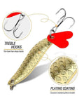 Metal Spoon Fishing Lures Set 16 Pack Saltwater Tackle with treble hooks and plating coating, detailed view of hooks and texture.