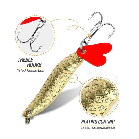 Metal Spoon Fishing Lures Set 16 Pack Saltwater Tackle with treble hooks and plating coating, detailed view of hooks and texture.