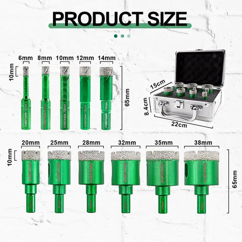 Diamond Core Drill Bit Kit with Vacuum Brazed Technology for Dry Drilling Tile Porcelain Ceramic Stone, 6-38 mm sizes shown