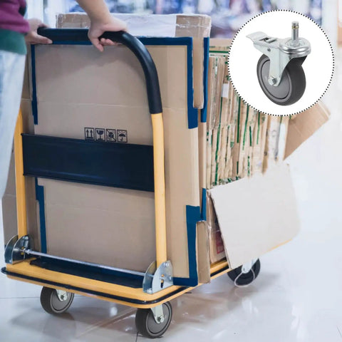 Heavy Duty Swivel Caster Wheels 2 Pack Locking Castors on yellow cart with cardboard boxes, ideal for utility carts.