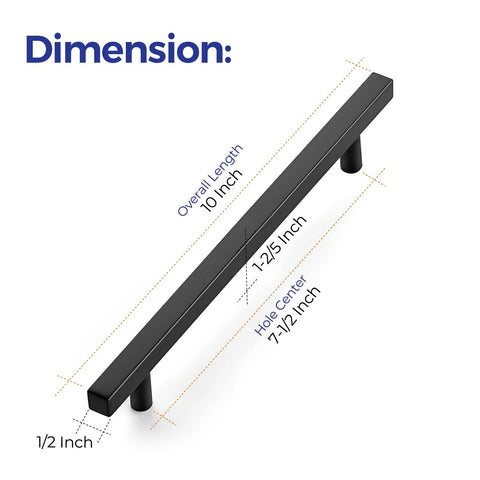 Dimensions of 5 Pack 10 Inch Matte Black Square Cabinet Pulls Stainless Steel Kitchen Cupboard Dresser Handles with 7.5 Inch Centers