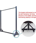 Heavy Duty Rolling Fabric Display Rack With Adjustable Cloth Roll Poles And Casters, highlighting sturdy triangular base and wheels.