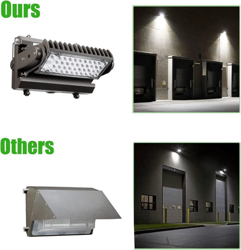 Comparison of outdoor lighting: Top image shows Beefy 80W Rotatable LED Wall Pack Light with 5000K cool white; bottom shows standard light.
