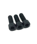 Three black hex socket cap screws arranged in a row on a white background, emphasizing industrial hardware design and use.