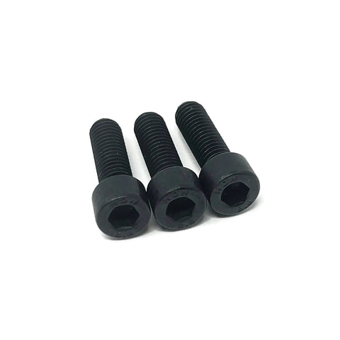 Three black hex socket cap screws arranged in a row on a white background, emphasizing industrial hardware design and use.