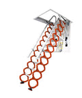 Automatic Electric Attic Ladder Slick Invisible Loft Stairs Hella Smooth Pull Down Folding Lift Ceiling Access Solid Pick For Tiny Living Spaces And Garage Roofs 80 By 120 Cm Opening showing orange foldable ladder descending from the ceiling.