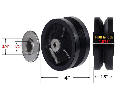 Diagram of Beefy Cast Iron V Groove Caster Wheels 4 Inch Diameter One And One Half Inch Wide With One Half Inch Axle components