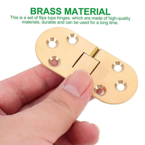 Top Tier Pack of Heavy Duty Brass Table Folding Hinges With 180 Degree Rotation For Sewing Machines Desks And Doors Super Smooth Quiet Flip Top Hardware, held in hand, showing durable brass material.