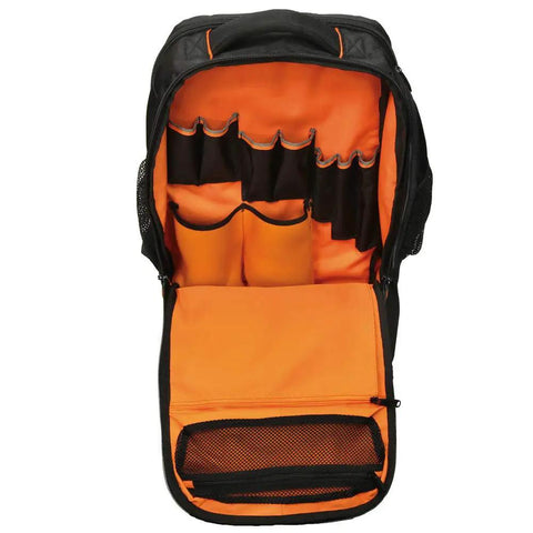 Rugged Tech Ready Laptop Backpack And Tool Bag For Pros Water Resistant Tech Pack with orange interior and tool pockets open