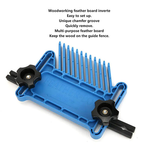 Adjustable Woodworking Featherboard Set Boss Level Fence Control Guide For Table Saw And Router Table Stackable Safety Push Block With No Sweat Setup And Secure Stock Hold 2 Pack, blue multi-purpose featherboard with black knobs.