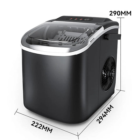 Portable Countertop Ice Maker Serving Solid Cubes In Six Minutes Flat Includes Built In Handle And Scoop showing measurements and sleek design.