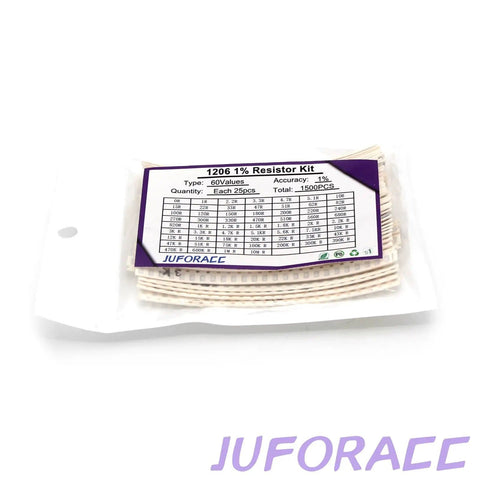Massive 1500 Pack 1206 SMD Resistor Kit With 60 Values From Zero Ohm To One Point Five Thousand Ohm Thick Film One Quarter Watt Tolerance Plus Or Minus One Percent SMT Chip Resistors Assortment Set For DIY Electronics Gear And Pro Hobbyists in clear packaging with visible resistor chart.