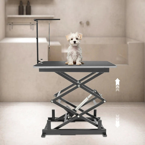 High Tech Electric Scissor Lift Table For Warehouse Pros, 180 Lb Heavy Duty Capacity with dog on table and hydraulic pump visible.
