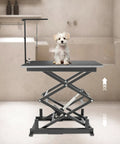 Heavy Duty 24V Electric Scissor Lift Table With 180 Lbs Capacity And Remote Control Featuring Durable Iron Frame For Rugged Jobsite Lifting Tasks with a small dog on top.