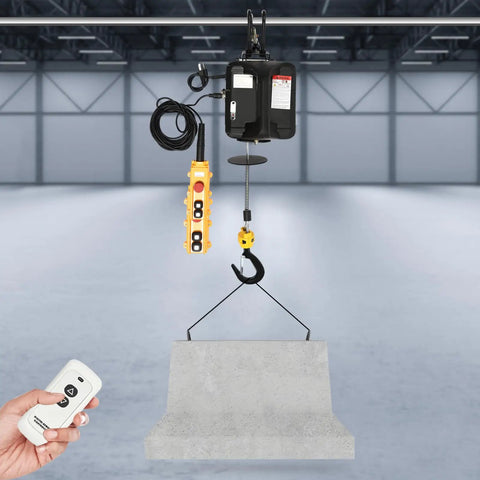 Heavy Duty Electric Lifting Hoist 1100 Lbs Load Capacity Plus 1500 Watt Motor Winch Crane with remote and lifting concrete block