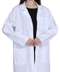 Woman wearing Pro Grade Lab Coat For Women In Cotton Blend Long Sleeve Medical Coat White Durable Unisex Fit With 2 Patch Pockets And Chest Pen Divider