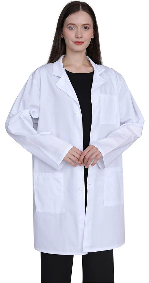 Woman wearing Pro Grade Lab Coat For Women In Cotton Blend Long Sleeve Medical Coat White Durable Unisex Fit With 2 Patch Pockets And Chest Pen Divider