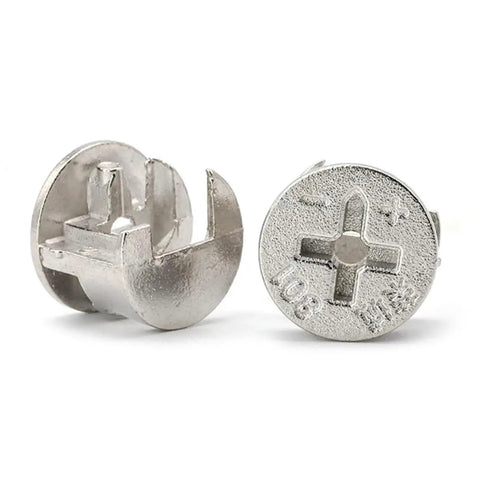 No Sweat Cam Lock Fasteners With Nuts And Screws For Easy Furniture Assembly Heavy Duty alloy steel fasteners close-up view.