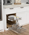 Smooth Glide Double Tier Pull Out Cabinet Organizer With Chrome Finish For Kitchen Base Cabinet Storage Slide Out Shelving Rack Hella Spacious Pantry Drawer Setup showing plates and pots.