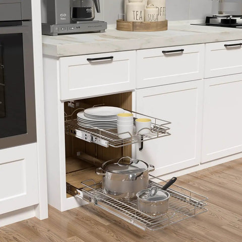Smooth Glide Double Tier Pull Out Cabinet Organizer With Chrome Finish For Kitchen Base Cabinet Storage Slide Out Shelving Rack Hella Spacious Pantry Drawer Setup showing plates and pots.