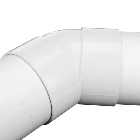 PVC 6-Inch 45-Degree Elbow for Hub to Hub Solvent-Weld Connections, white sewer and drain pipe fitting, close-up view