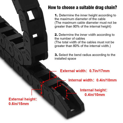 Close-up of CNC Cable Drag Chain 10mm By 10mm Inner Size, 1 Meter Length Bridge Type Non Openable Black Plastic Wire Carrier