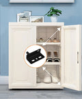 Open white cabinet with shoes, showing Black Heavy Duty Concealed Shaft Pivot Door Hinges Set for Wood Doors and Cabinets.