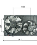 Heavy Duty Direct Bolt On Dual Radiator And Condenser Cooling Fan Assembly For Vw Golf Jetta Rabbit Beetle 2006 To 2019 2.5L, top view with measurements.