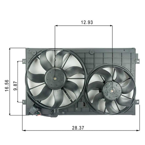 Heavy Duty Direct Bolt On Dual Radiator And Condenser Cooling Fan Assembly For Vw Golf Jetta Rabbit Beetle 2006 To 2019 2.5L, top view with measurements.