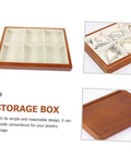 Premium Solid Wood Desktop Jewelry Organizer Tray With Divided Grid Compartments For Rings Necklaces Earrings And Watches Durable Storage Holder top view of six-segment wooden storage tray with jewelry