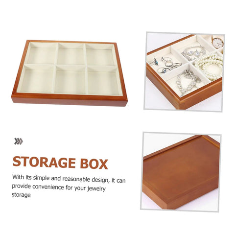 Premium Solid Wood Desktop Jewelry Organizer Tray With Divided Grid Compartments For Rings Necklaces Earrings And Watches Durable Storage Holder top view of six-segment wooden storage tray with jewelry