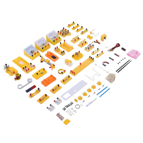 Electromagnetism Kit For High School Students Hands On Electricity And Circuit Magnetism Experiments With Ohm Law And Electromagnetic Induction Detailed Manual For Learning By Doing In Class Or Home Lab components laid out on white background.