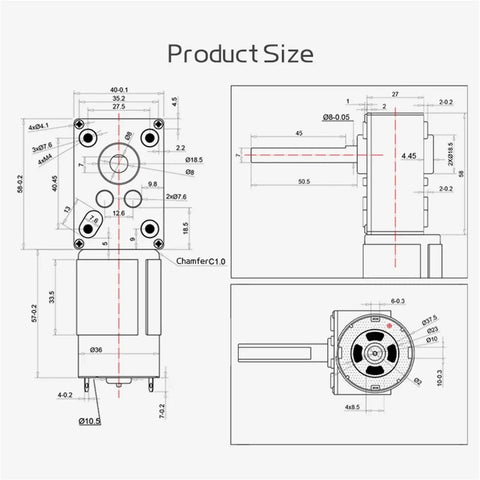 Technical diagram of Miniature Brushed DC Motor 12V 24V With Extended Shaft Output 11 To 470 RPM showing dimensions and shaft position.