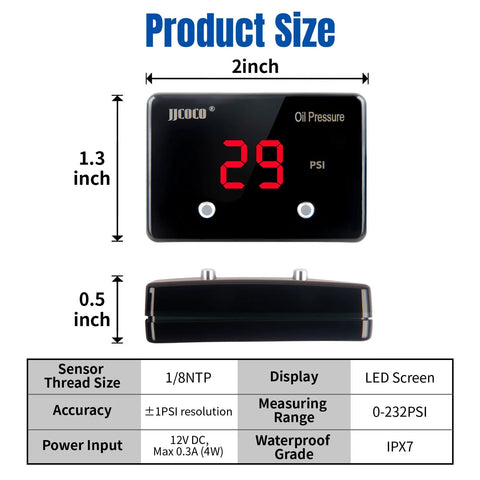 JJCOCO oil pressure gauge with LED digital display, black housing, 2-inch face, 0–232 PSI, 12V