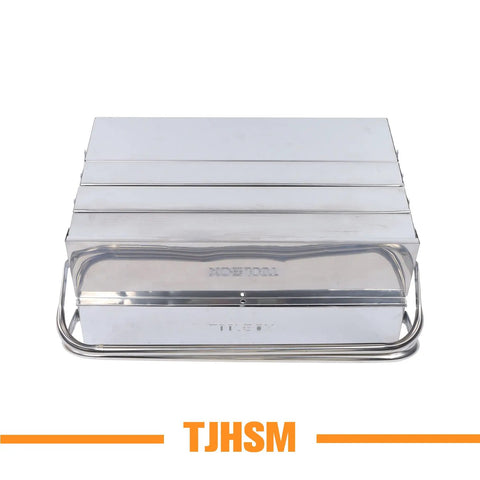Heavy Duty Stainless Steel Toolbox With Dang Tough Carry Handle Features Four Tier Seven Tray Folding Cantilever Rack For Garage Shop Or Home Office Delivers Heaps Of Nifty Tool Storage And Slick Parts Sorting Daily, viewed from above.