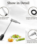 Front view of Amazon Spiral Vegetable Cutter Set with stainless steel piranha-style spiral blade and black handle