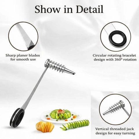 Front view of Amazon Spiral Vegetable Cutter Set with stainless steel piranha-style spiral blade and black handle