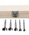 Top Rated Five Piece Forstner Drill Bit Set Round Shank Multi Tooth Design For Precision Woodworking And Hinge Cutting Nails Every Cut On Hardwood Softwood And Plywood For Weekend Warriors And Pro Shop Builds in a wooden case.