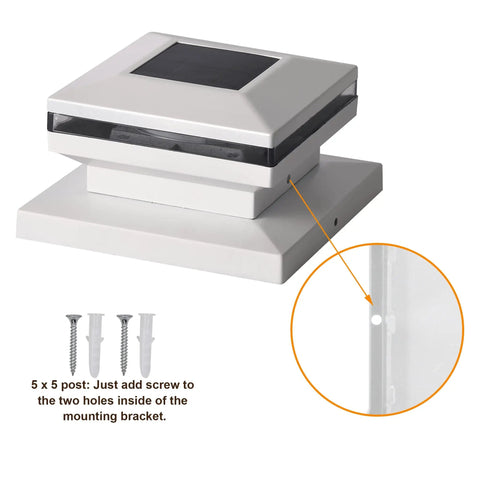 Close-up of 6 Pack Solar Post Lights Outdoor RGB Color Changing Post Cap Lights, mounting bracket for 5x5 wooden posts with screws.