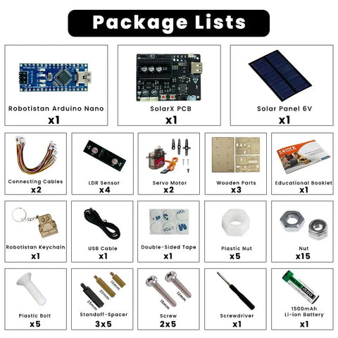 Sun Tracking Solar Panel DIY Kit With Arduino Nano Educational Sun Tracker System and Electronic Components Coding Kit for Learning Renewable Energy for Home Projects package lists