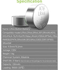 Rock Solid 40 Pack LR44 Alkaline Button Cell Batteries 1.5 Volt AG13 357 SR44 A76 Coin Power technical specifications and measurements.