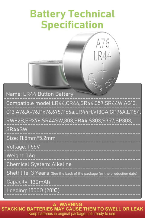 Heavy Duty Lr44 Button Coin Cell Batteries Ag13 Sr44 357 A76 1.5V Alkaline Power Packs 24 Count with specifications and details.
