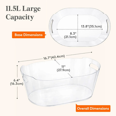 Diagram showing dimensions of Massive 11.5L Ice Bucket Duo For Parties, clear plastic, with length and height measurements.