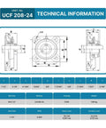 Technical diagram of Two Pack Pillow Block Bearing Set With 1.5 Inch Bore Self Aligning Chrome Steel 52100 Square Flange Mounted Bearings