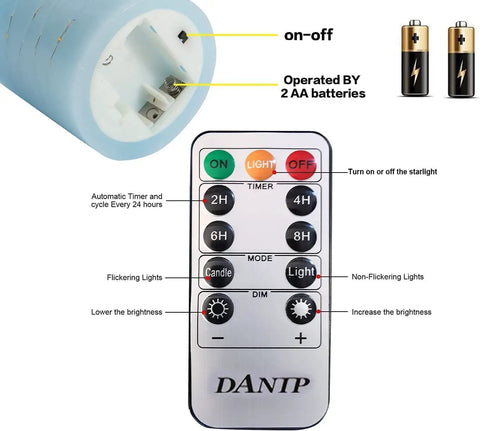 Remote control for Cozy Flameless Candle Set With Embedded String Lights 5 Piece Real Wax LED Candles showing timer options and AA batteries.