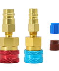 R1234YF to R134A Quick Coupler Adapter Kit for Auto AC Systems with brass fittings, red and blue caps, side view
